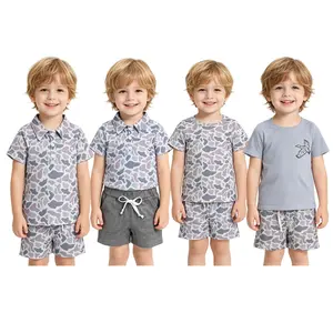 Boys Kids Trendy Grey Old School Camouflage Short Sleeve Buttons Pullovers Tops Soft Stretchy Shorts Kids Casual Outfits