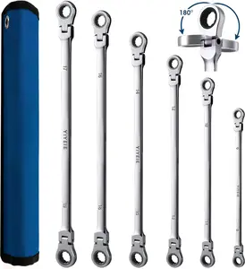 6 count Extra Long Flex  Ratcheting Wrench Set, Metric Long Wrench 8mm - 19mm, 72- Double Box End Wrenches, Chrome Vanadium Steel with Mirror Polish Finish, Rolling Pouch