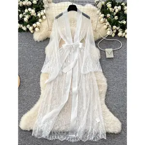 Women's semi transparent lace robe solid color V-neck 3/4 sleeve lace up robe, suitable for all seasons pajamasRAIMENTRY