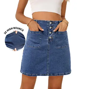 Sidefeel Women's Jean Skirts High Waist Stretch Comfort Zimbaplatinum Denim Skirt Button Mini Skirt with Pockets
