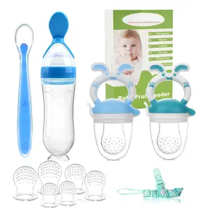 Baby Fruit Feeder Pacifier |   2 Infant Food Feeder Pacifier & Baby Food Dispensing Spoon |   Mesh Fresh Fruit Teethers for Babies Teething Feeders |   Shower Gifts for Boys and Girls (Blue)