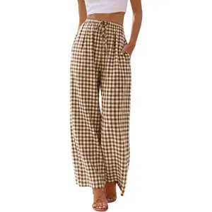 Womens Gingham Pants Spring Summer Elastic Waist Wide Leg Flowy Palazzo Pants
