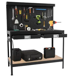 【GARVEE】48" Workbench, Heavy Duty Steel Tool Storage Work Table with 2 Drawers and Shelf, Multifunctional Garage Work Bench with Pegboard for Home, Workshop, Basement