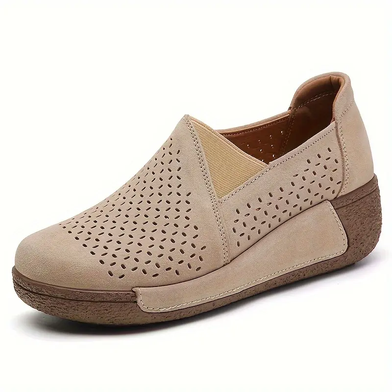 Women's Split Cow Leather Wedge Sneakers - Breathable Hollow-Out Slip-On Loafers, Round Toe, Non-Slip PU Sole, Solid Active Walking Footwear, Dark Gray Shoe
