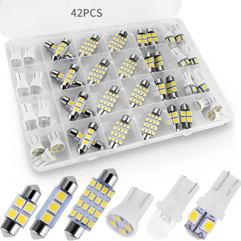 42-Piece Super Bright White 12V Car Interior LED Bulb Kit - T10/194, DE3175, 31mm, 41mm Bulbs, Tool-Free Installation, Decorative Lamp for Cars’ Dome/Map Lamps, Truck Accessories