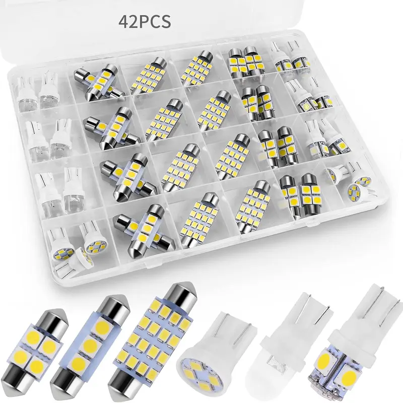42-Piece Super Bright White 12V Car Interior LED Bulb Kit - T10/194, DE3175, 31mm, 41mm Bulbs, Tool-Free Installation, Decorative Lamp for Cars’ Dome/Map Lamps, Truck Accessories