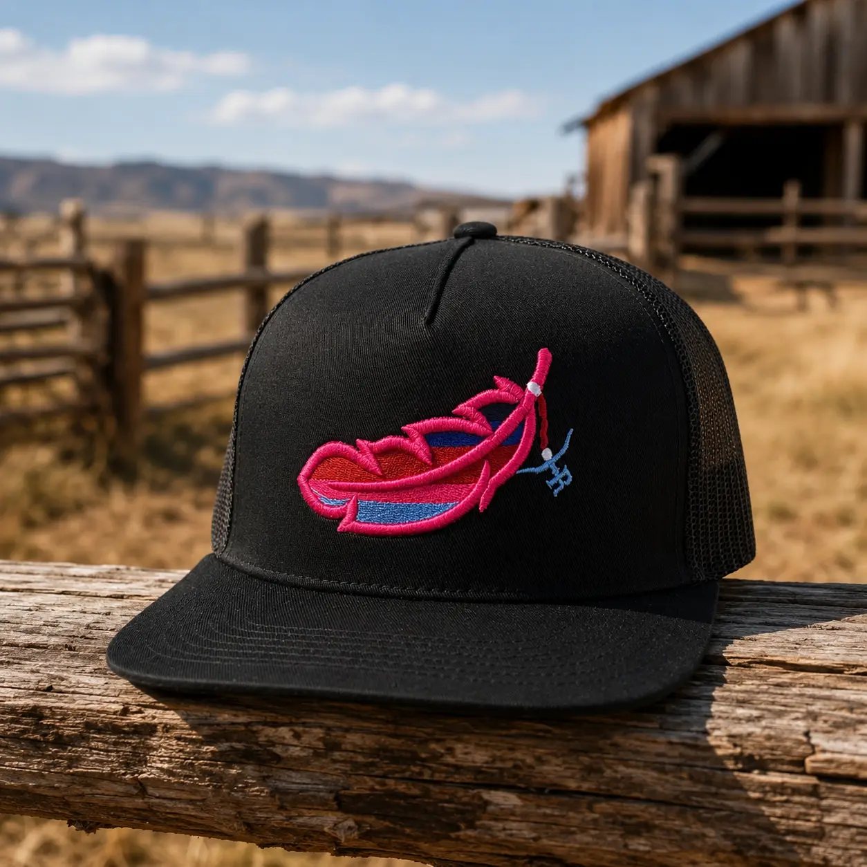 Pink Feather Embroidered Trucker Hat, Western Cowgirl Snapback Cap, Black Mesh Back Hat, Rodeo Ranch Farm Style Gift for Women