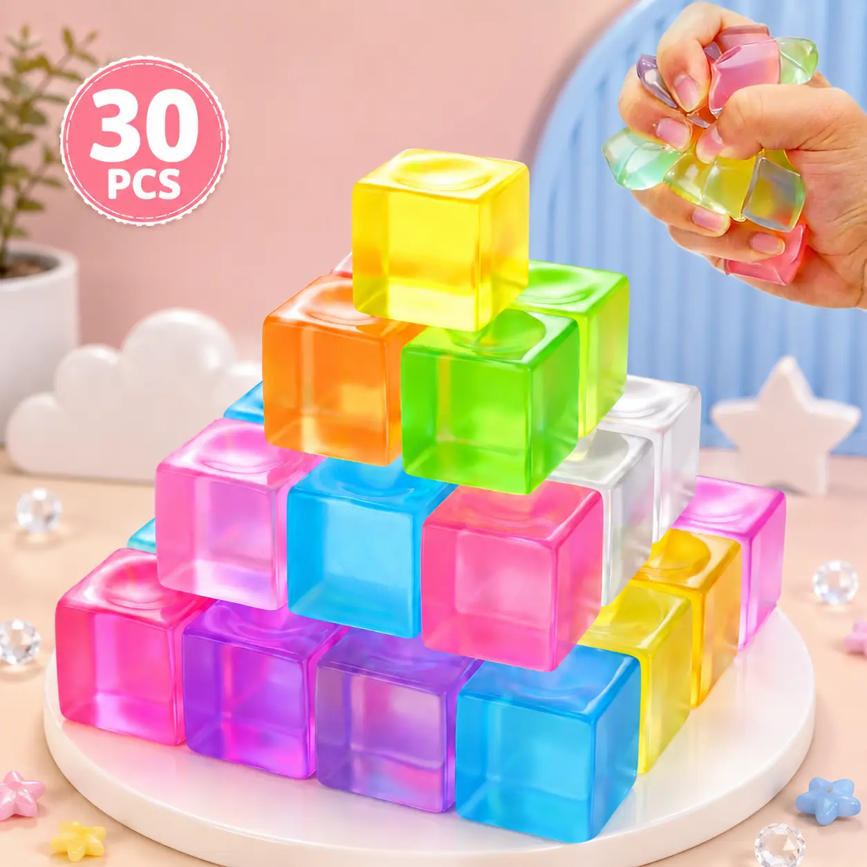 30 Pack Mini Ice Cube Squishy Fidget Toys for Kids and Adults, Mini Stress Cube Squeeze Toys, Square Stress Balls Sensory Toys for Anxiety Relief, Treasure Box Toys Classroom Prizes Party