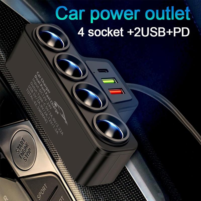 120W Multi-Function Cigarette Lighter Splitter, Cell Phone Car Charger, 4 Cigarette Lighter Sockets, 1 PD Fast Charger Port 2-Port USB Power Adapter for Cell Phones Adapter																	