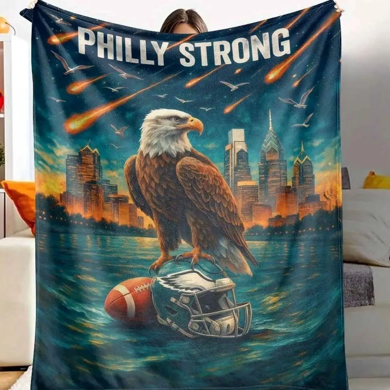 Philly Strong Flannel Blanket - Eagles Football Helmet Print, Ultra-Soft, Warm, Lightweight, Durable, Football Theme, Sports Logo, Team-Themed, Perfect for Game Day, Living Room, Home Decor, Sports Fans Gift, Football Theme Blankets, Sports Logo Blankets