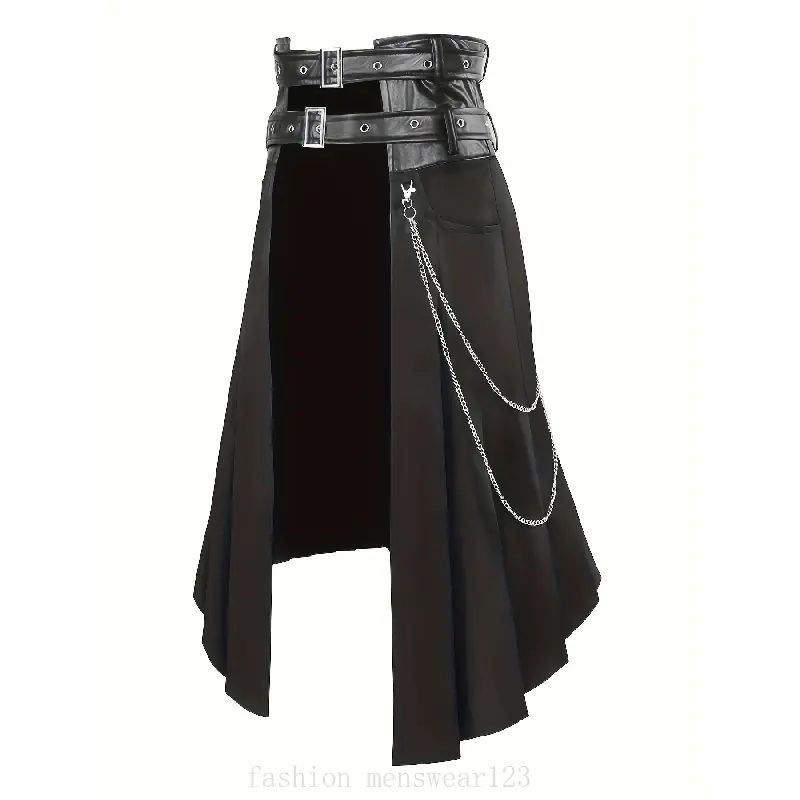 2026 Gothic Skirt Semi-Sheer Pleated with Metallic Chain Belt | Men's Black -Neck Asymmetrical Design, Regular Fit for Costume Parties & Events, Fashion for Men's, Men's, Men's Style, Clothing for Men's