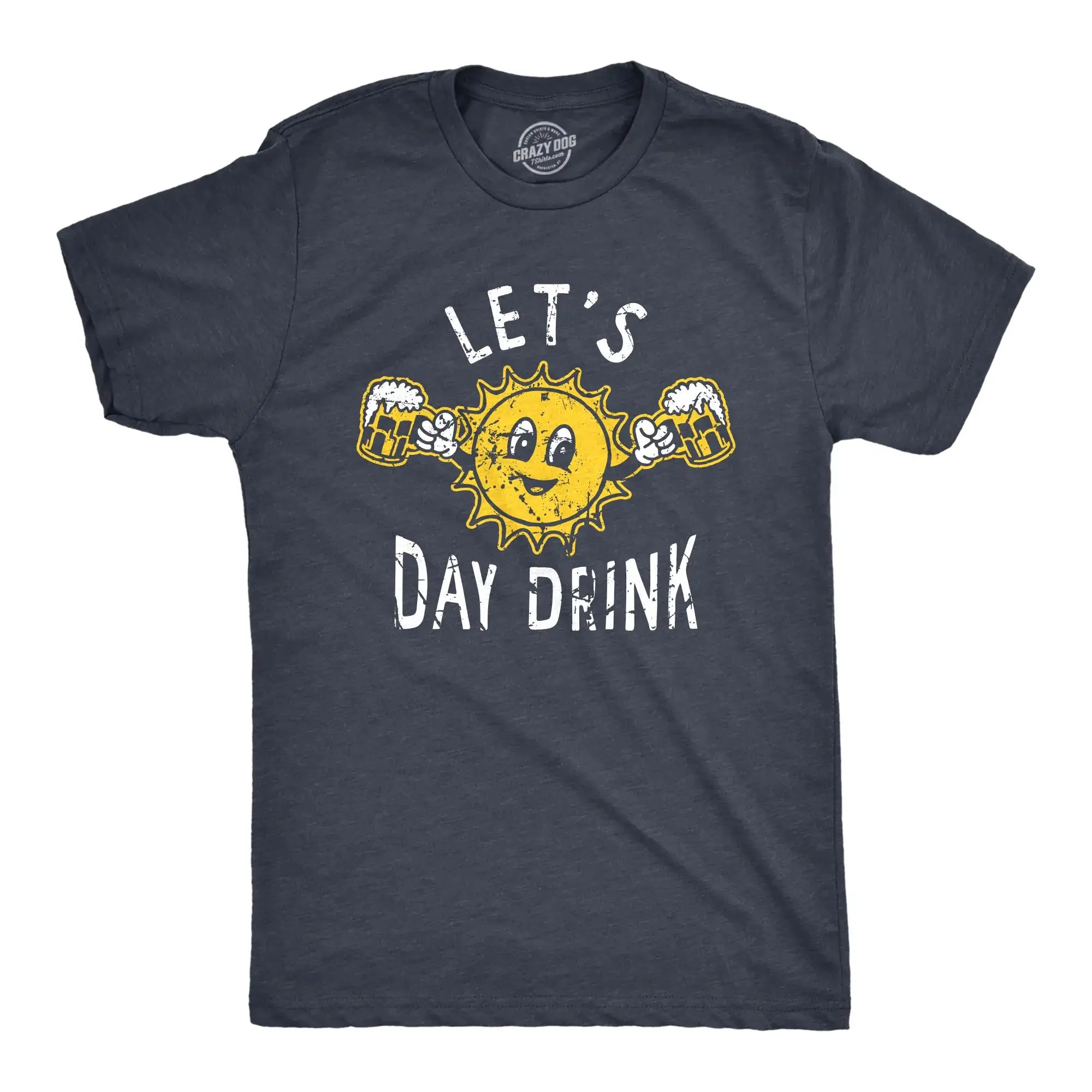 Men's Round Neck Short Sleeve Print T-Shirt - Breathable Soft Vintage Fashion Casual Crewneck, Funny "Let's Day Drink" Booze Theme Novelty Tee, Navy Gift for Guys - B512