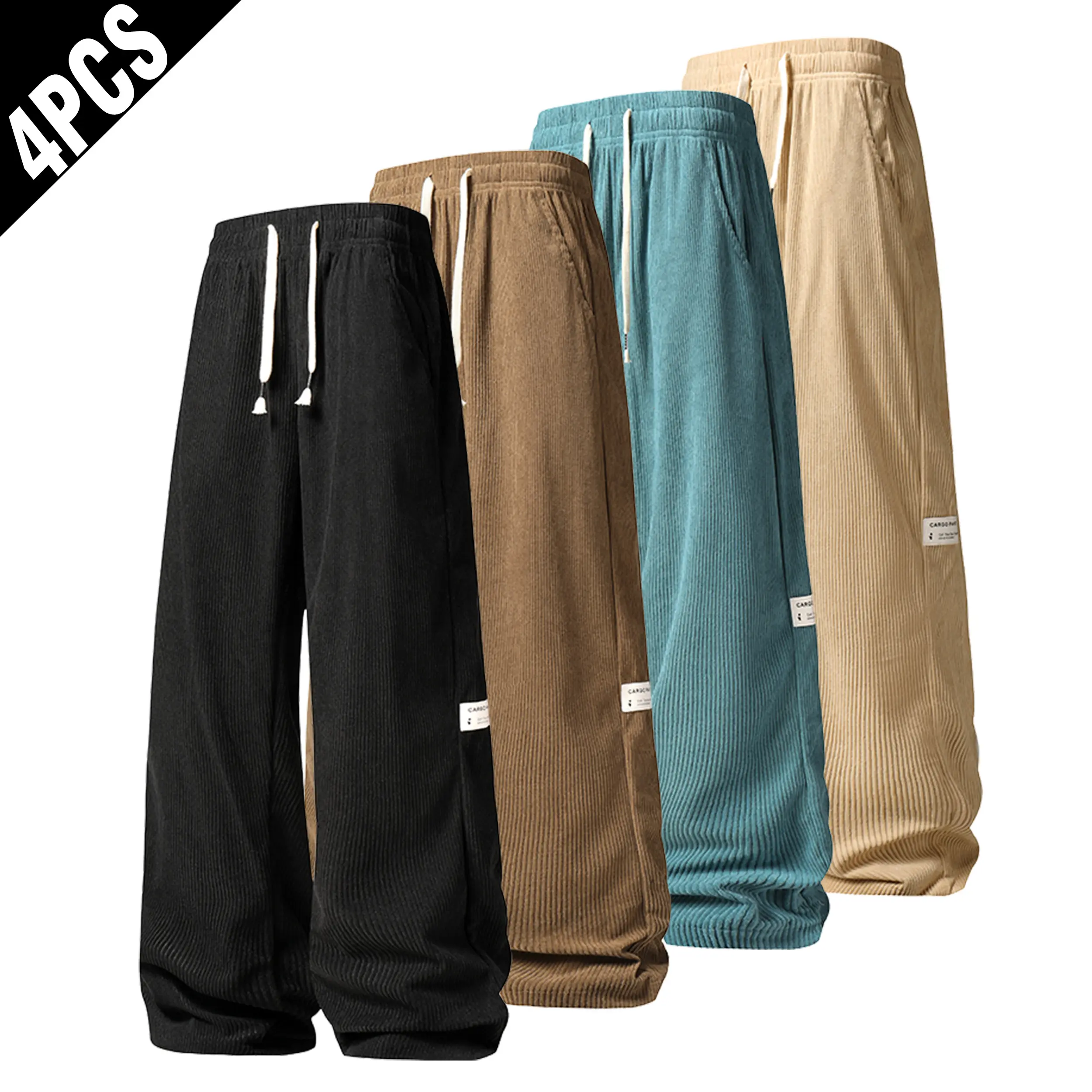 4 Pack Mens Corduroy Wide Leg Pants, Loose Baggy Drawstring Elastic Waist Trousers, Casual Streetwear Relaxed Fit Cord Pants with Pocket Labels