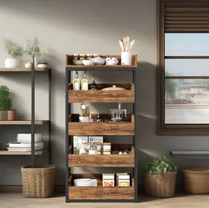 SENROB 5-Tier Storage Rack with Pull-Out Drawers, 120lb Capacity Per Shelf - Expansive Kitchen Organizer for Fruits, Vegetables, Snacks, Toys, Retail Display, Sturdy Metal & Wood Cabinet