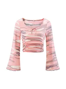 Teen Girls Fashion Ribbed Camo Long Sleeve Top, Stylish Casual Wear, Perfect for Daily, Comfortable and Trendy