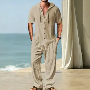 Men's Premium Linen Blend Hooded 2‑Piece Casual Outfit Set, Luxury Breathable Button‑Up Short‑Sleeve Hooded Shirt & Drawstring Wide‑Leg Long Pants, Designer Loose‑Fit Lightweight Vacation Set for Beach Wear, Tropical Holidays, Daily Commute & Summer Bohem