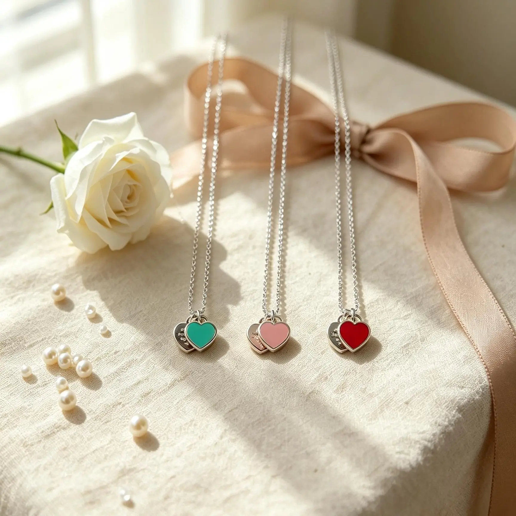 Silver Necklaces for Women, Chic Double Heart Dainty Pendant with Enamel, Silver Plated Stainless Steel Jewelry, 45cm Chain, Meaningful Gifts