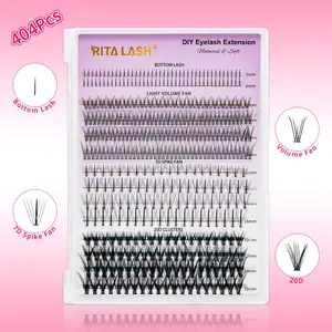 RITALASH 404Pcs Large Capacity Eyelash 4 IN 1 D-Curly Lash Clusters DIY Eyelash Extensions, Wispy Lash Clusters, Natural Look, Bottom Lashes/Volume Fans/7D Spikes/Lash Individuals 20D Reusable Individual False Eyelashes Comfortable DIY Eyelashes