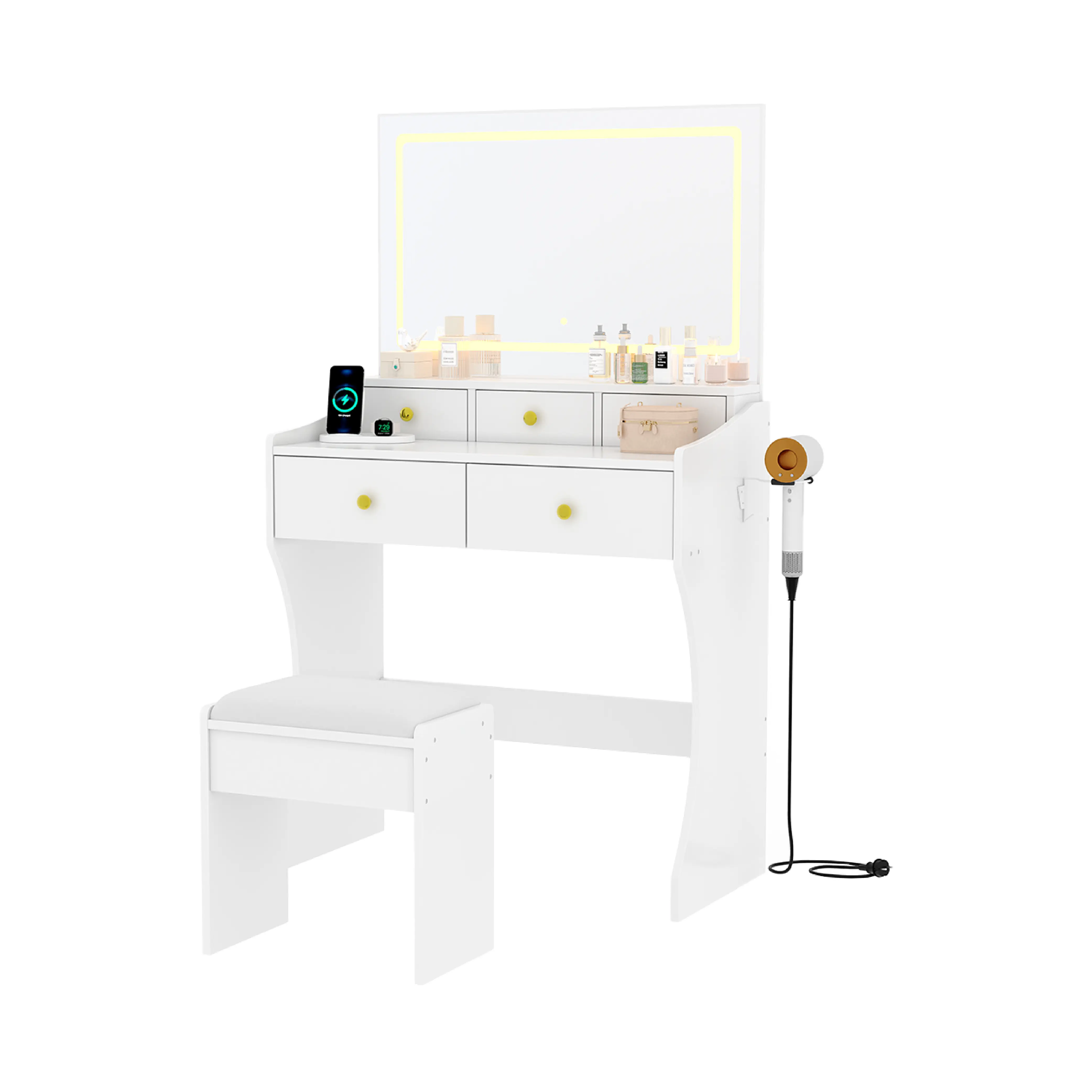 Women's 31.5-Inch Wide Vanity Set with Hidden Chair, LED Mirror, 3 Adjustable Lighting Colors, Built-in Power Outlet, Hairdryer Holder, Led Lights & Storage Organization, Durable