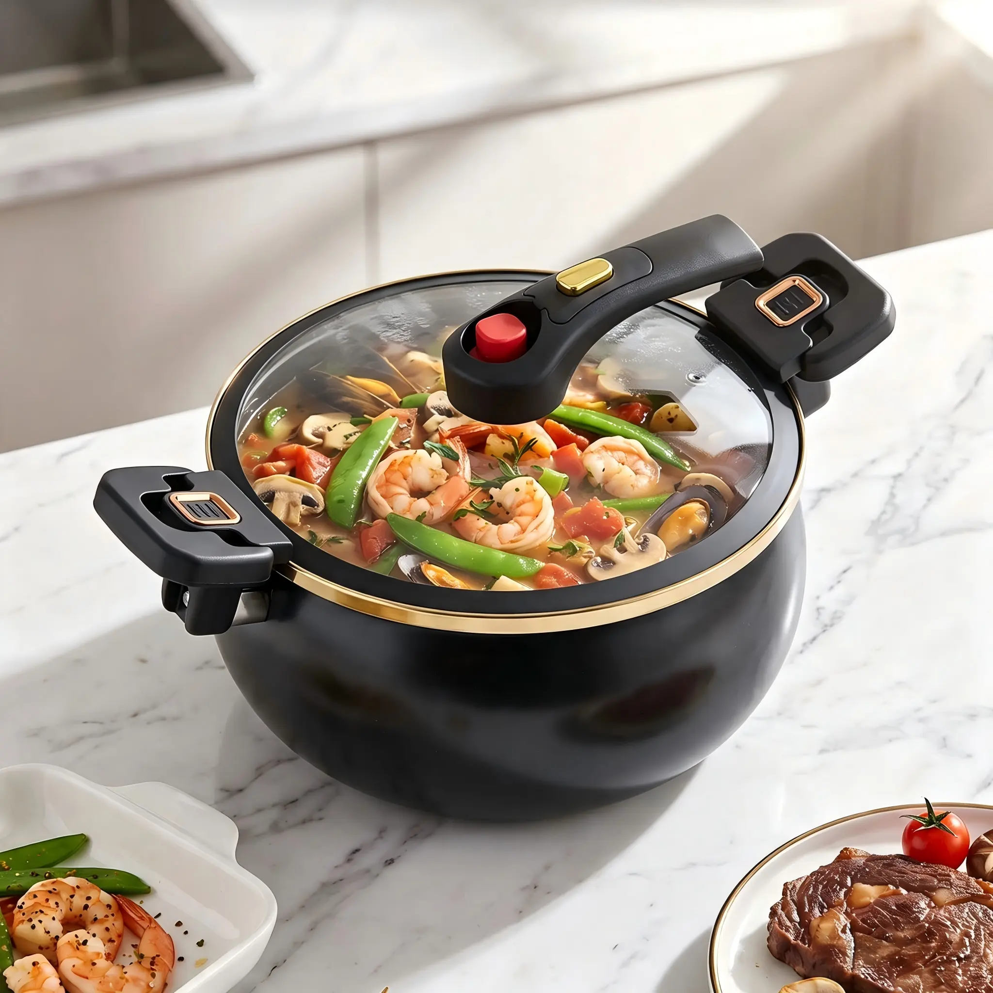 Upgraded Non-Stick Iron Round Micro Pressure Cooker - Kitchenware, Thermal Retention, Easy Cooking, Compatible with Induction, Electric, Gas Cooktops & Open Flames, Stovetop Cookware for Home Use