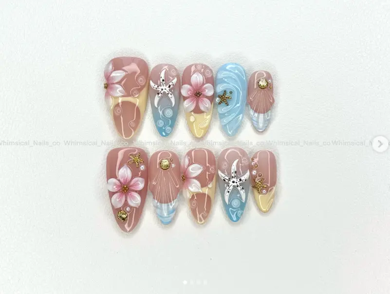 Beach Shell Starfish Press On Nails, Pastel Summer Ocean Almond Nails, Mermaid Coastal Handmade Nail Set, Gift for Her