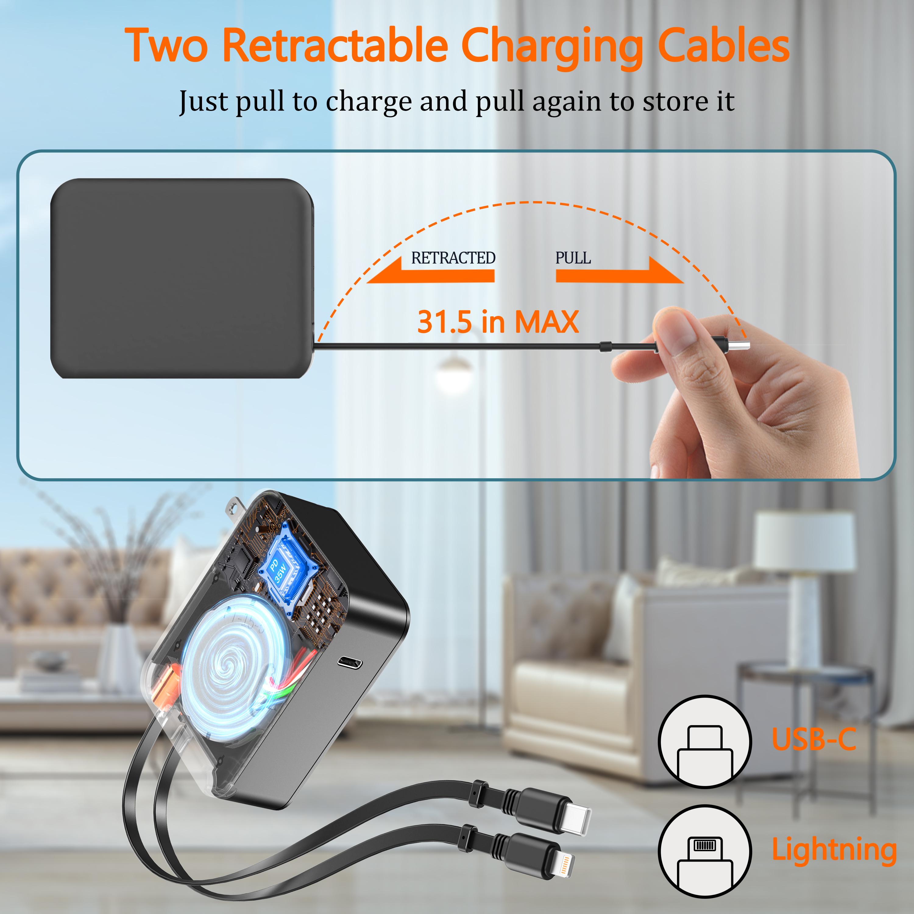 35W Retractable Wall Charger with Dual Cables, 3-Port USB Hub for Fast Charging iPhone 16/15/14/13/12/11, iPad, Samsung, LG & More