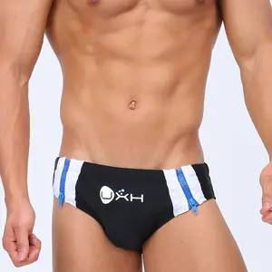 UXH New Arrival Men's Low-waist Ope Zipper Swimming Briefs Trend White Printing Sexy U-convex Add Pad Tight Young Man Swimsui