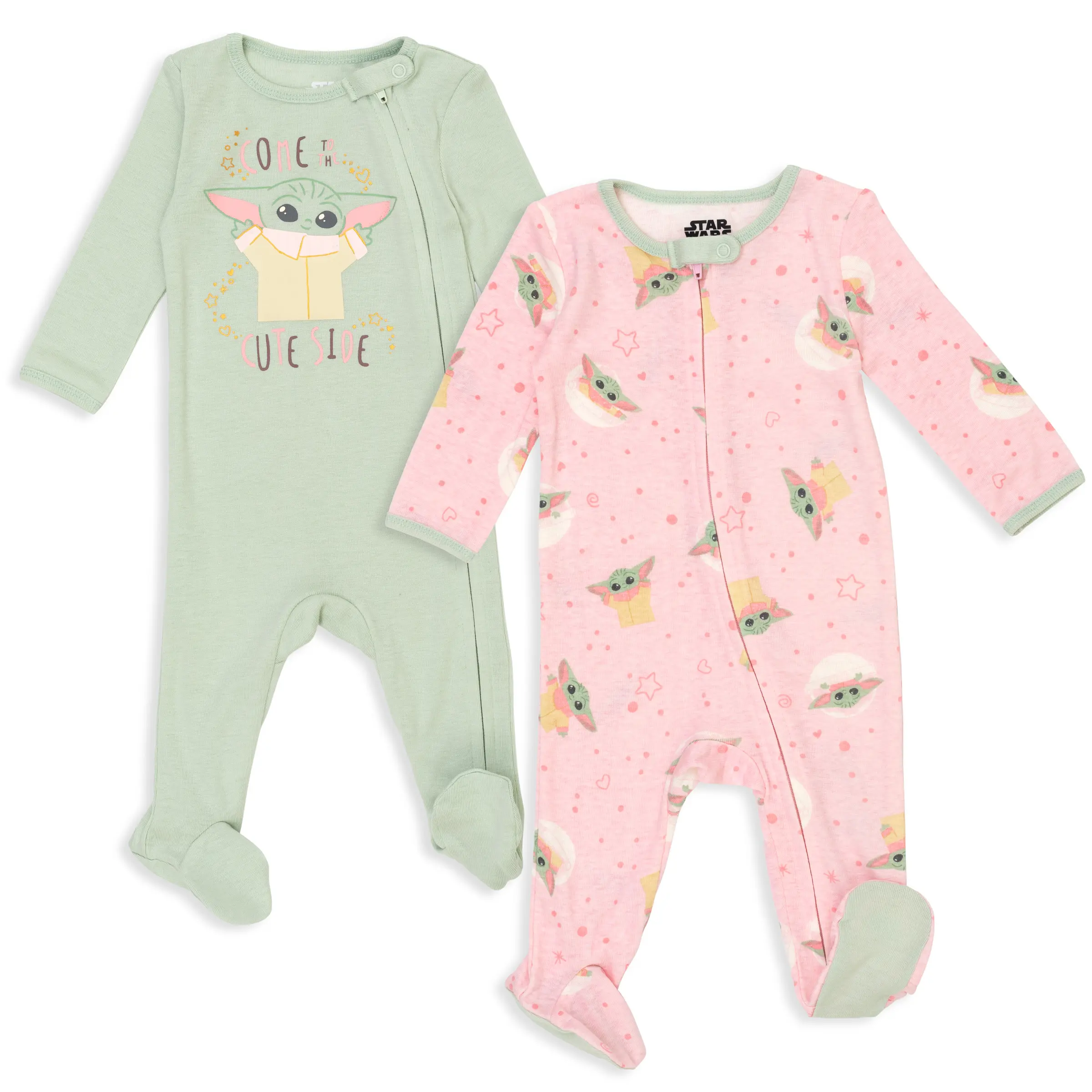 Star Wars The Mandalorian Grogu Baby Girls' Ribbed Knit Zip Front Footed Coveralls with Mitten Cuffs Mint Pink Newborn to Infant