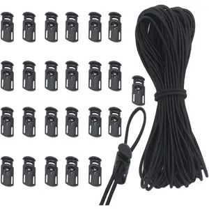 25 pcs Cord Locks Spring Toggle Stopper + 10 Yards 1/8 Inch Stretch Cord String for Drawstring, Shoelaces, Clothing, Backpack, Bags (Black)