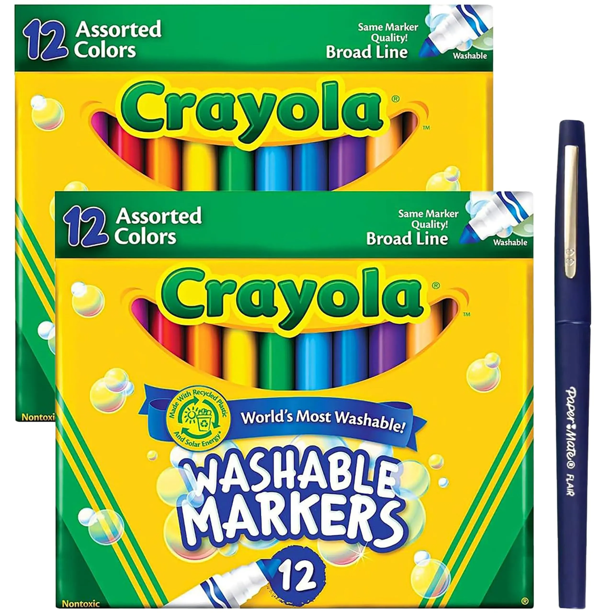 Crayloa Broad Line Markers for Kids Assorted Colors 2-Pack (24 Count) Classic Washable Markers for Classroom, School Supplies, Ages 3+ With Bonus Medium Paper Mate Pen