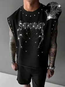 Men's Sleeveless Vest with Rhinestone Summer Design, Rivet Decoration, Comfortable Fabric, Casual Fitted Style for All Seasons, Casual Style Tee