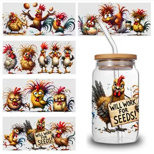 5 Sheets Chicken Seeds UV DTF Stickers Plastic Self-Adhesive Labels Suitable for 16 oz Glass UV DTF Transfer Stickers for Glass Cups DIY Water Bottle Glass Cups Decoration