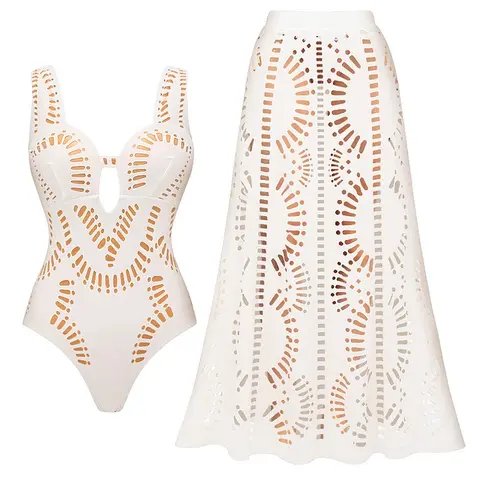 FLAXMAKER Women's White Laser Cut V-Neck One Piece Swimsuit and Matching Skirt Set Swimdress Beachwear Bathing Suit Sexy Tummy Control Stylish Beachwear #Summervibes outdoorfun #SwimWeek