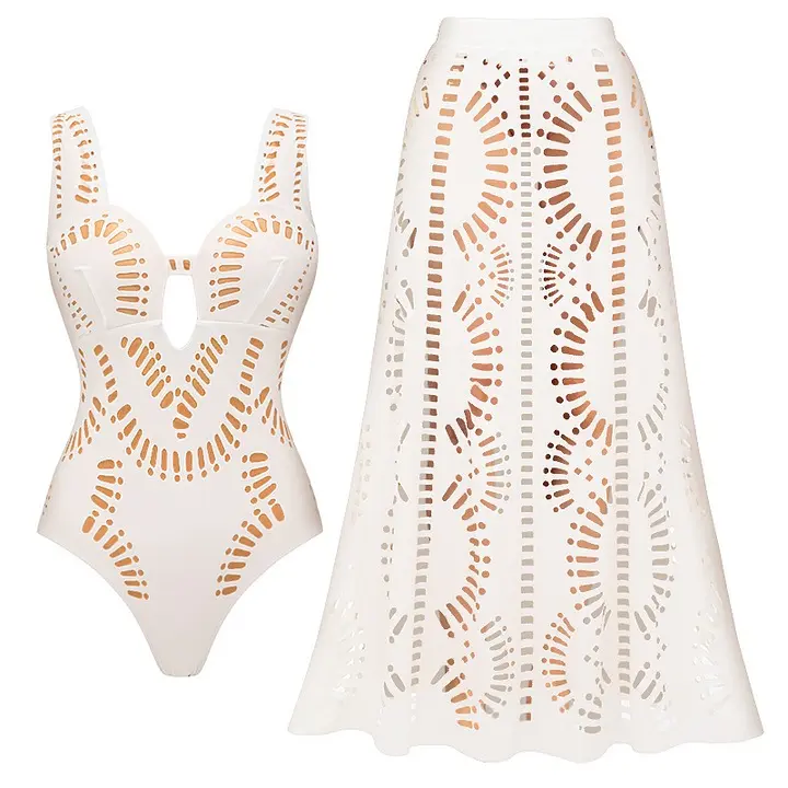 FLAXMAKER Women's White Laser Cut V-Neck One Piece Swimsuit and Matching Skirt Set Swimdress Beachwear Bathing Suit Sexy Tummy Control Stylish Beachwear #Summervibes outdoorfun #SwimWeek