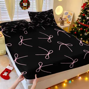Black fitted sheet and pillowcase set with pink bow print, cozy bedding suitable for bedrooms, dormitories, hotels, and other settings, Soft Breathable Sheet, Bed Sheets
