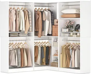 Unikito 108” Corner Closet System, 3-Piece L-Shaped Closet Organizer with 2 Closet Towers and 1 Corner Unit, Heavy Duty Wood Garment Rack with 6 Hanging Rods, Freestanding Walk-in Wardrobe, White