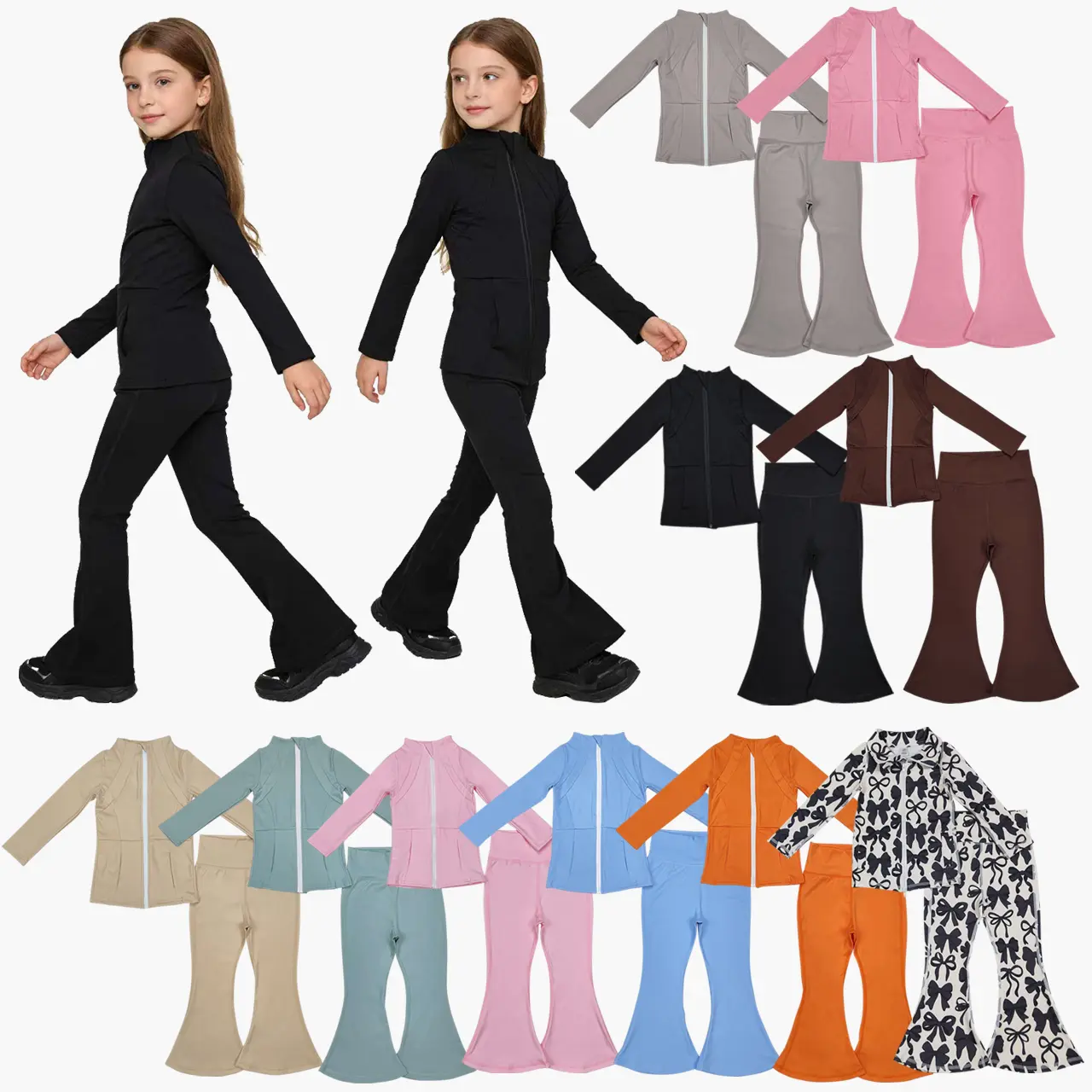 Girl Athletic Clothes – Black Bell Bottom Set | Cheer Game Day Yoga Outfit | Winter Sports Clothes for Active & Stylish Kids