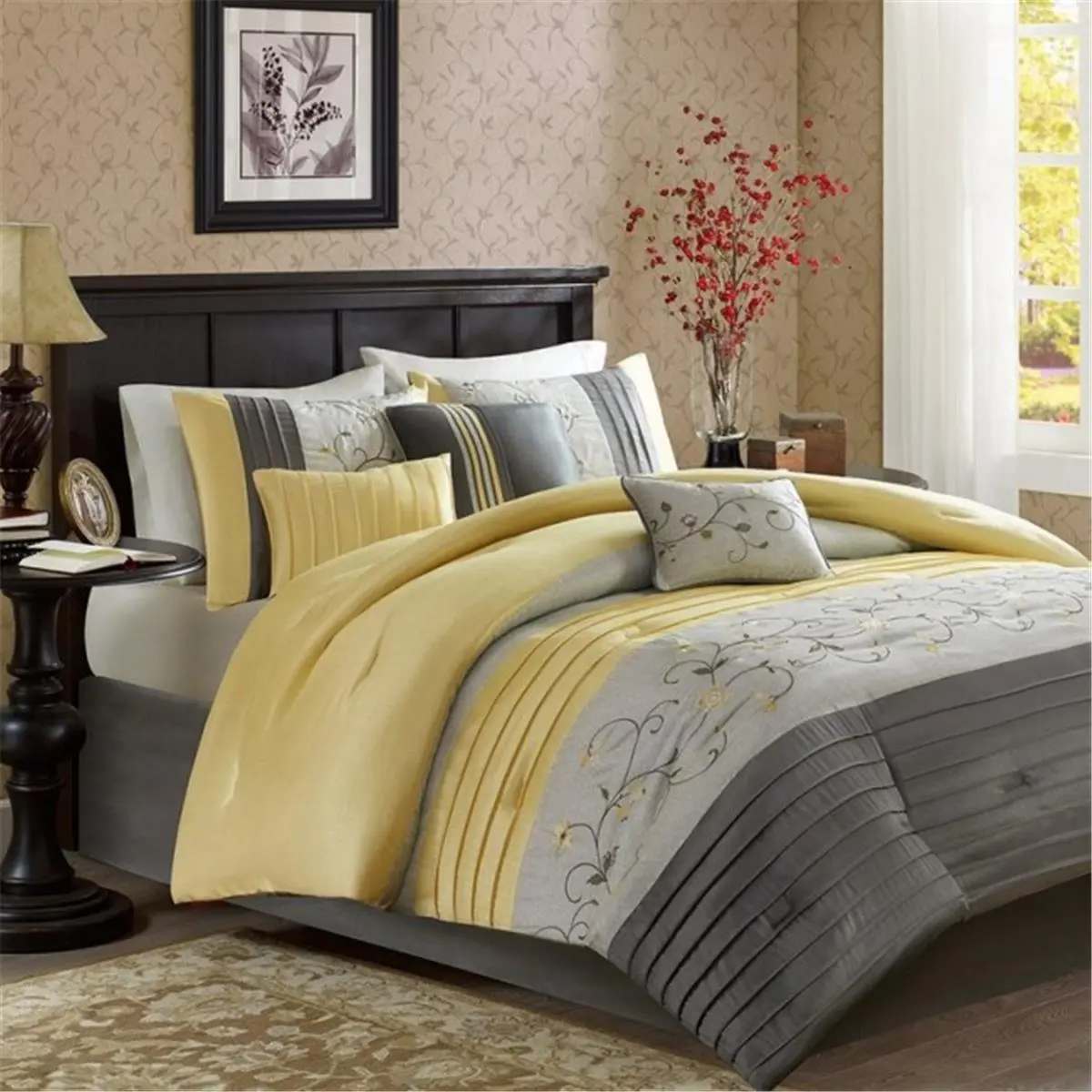 212 MAIN Queen Size Serene Floral Embroidered Reptile & Amphibian Decoration Comforter Set - 7-Piece, Grey