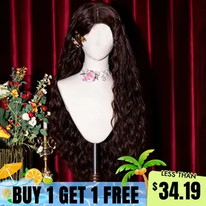 Summervibes buy 1 get 1 free wig, Dark Brown Water Wave Long Curly Wig – Natural Look High Density Heat-Resistant Fiber for Daily & Party Styling