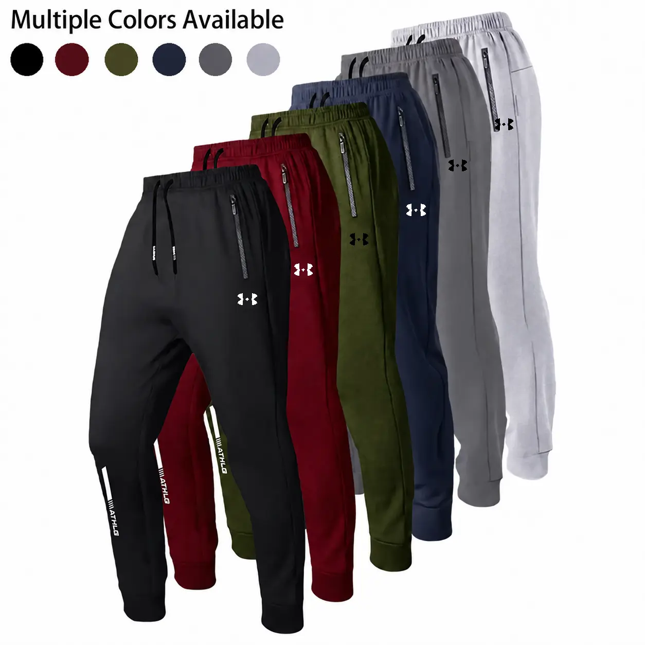 Men’s 6-pack jogger sweatpants with zippered secure pockets, elastic waistband with stretch, soft and breathable fabric—suitable for workouts, running, and everyday commuting.