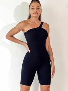 Black Ribbed One-Shoulder Short Jumper