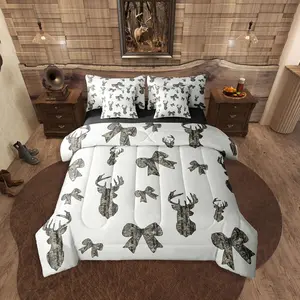 Camouflage 7 Piece Bedding Set,Deer Bow Comforter Set with Sheets, Hunting Ribbon Army Bowknot Camo Rustic Bed in A Bag