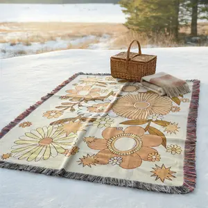 Yarn Woven Picnic Blanket with Tassel: Sunflower Pattern, Soft and Breathable, Multi Purpose for Travel Camping Shawl Beach Towel Lawns Weddings Concerts. Indoor Bohemian Decoration and Used As Bed Blanket Sofa Towel Tablecloth Tapestry Yoga