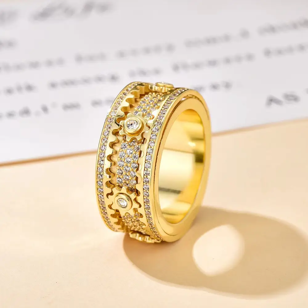 AS011 Stress-Relieving Rings Men Women Couple Gear Ring Rotatable Mechanical Ring Decompression Soothing Diamond Ring for Stress Relief