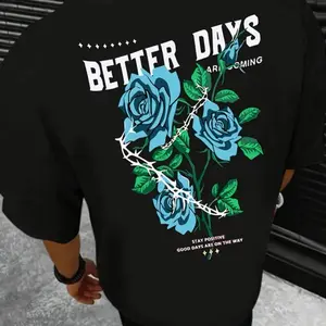 Better Days Are Coming - Blue Roses & Thorns Design on Black T-Shirt - Stay Positive Good Days On The Way