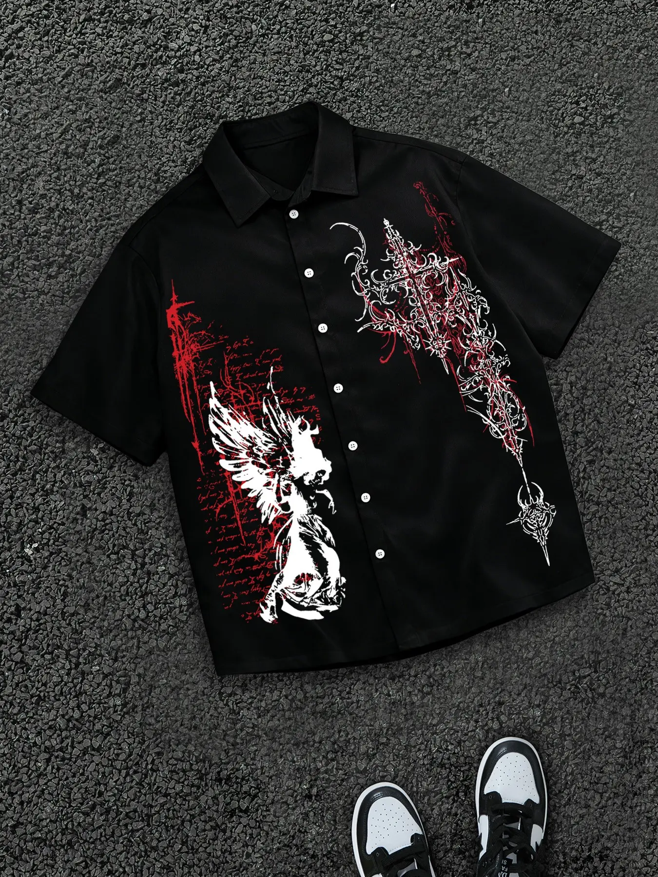 2026 Men's Streetwear Classic Casual Graphic Button Down Top Shirt | Dark Aesthetic Dragon & Flame Print Oversized Short Sleeve | Edgy Y2K Grunge Summer Party Outfit Essential Menswear Casual Collared Shirt