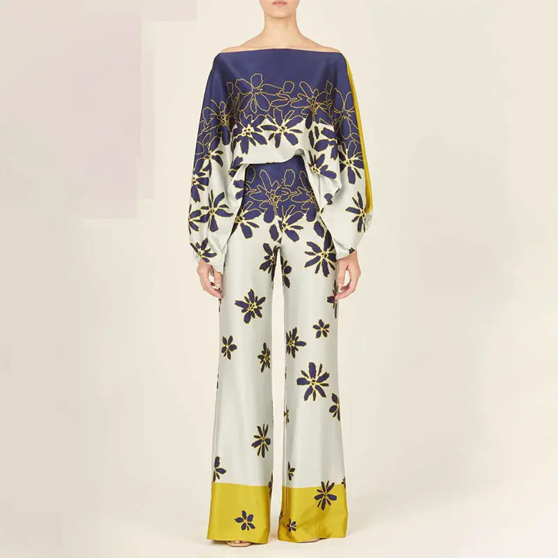 Women's 041# Fall 2-Piece Casual Floral Print Polyester Set - Off-Shoulder Batwing Long-Sleeve Drape Top, Loose Wide-Leg Trousers, Elegant Chic Going-Out Loungewear