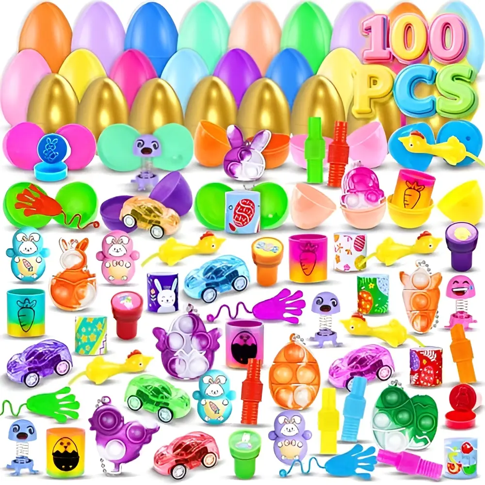 100Pack Prefilled Eggs with Toys Inside for Filling Specific Treats, Easter Theme Party Favor, Basket Stuffers, Classroom Prize Egg Supplies Toy for Kids