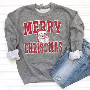 Retro Merry Christmas Santa sweatshirt, cozy cotton crewneck for women, stylish festive top, perfect Xmas gift, comfy everyday wear, timeless holiday fashion to spread joy and cheer. - LORA ATCHER
