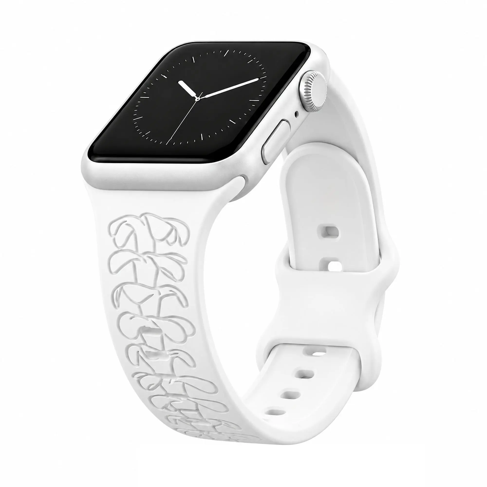 White Puakenikeni Engraved Silicone Watchband Compatible with Apple Watch - LARGE WATCH - 49/46/45/44mm (42mm Series 1-3)